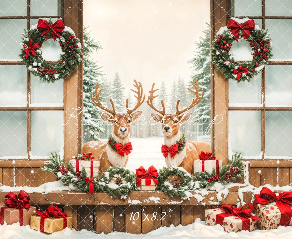 Kate Christmas Elk Wooden Door Snow Backdrop Designed by Emetselch