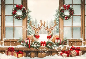 Kate Christmas Elk Wooden Door Snow Backdrop Designed by Emetselch