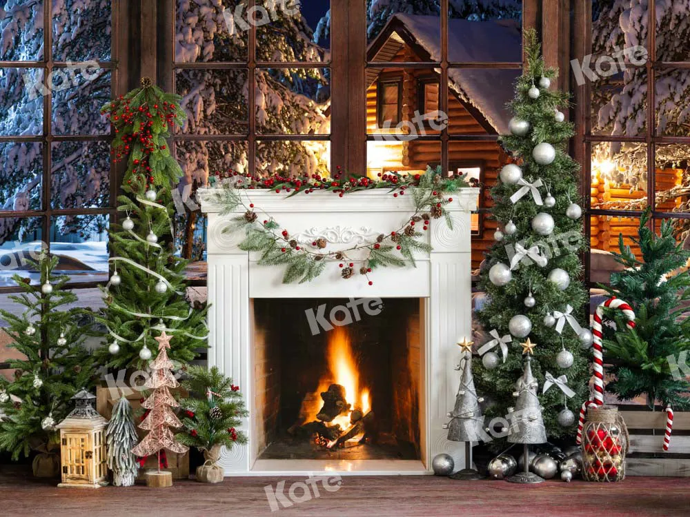 Kate Christmas Fireplace Snow Window Backdrop Designed by Emetselch