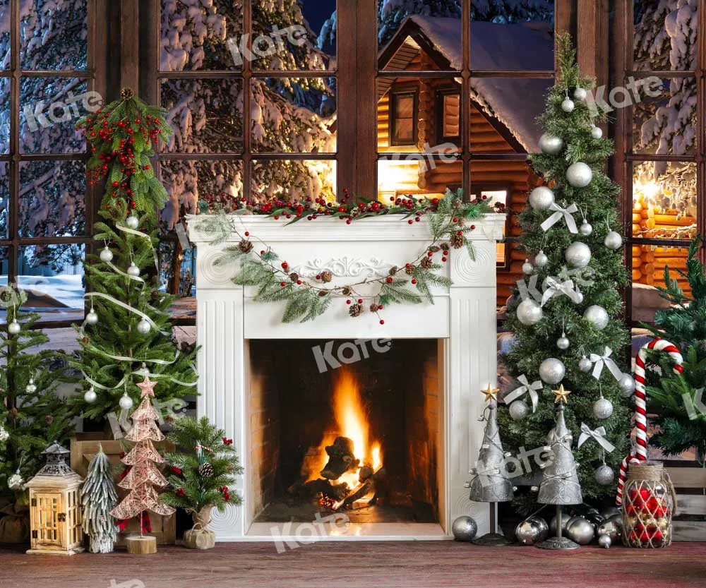 Kate Christmas Fireplace Snow Window Backdrop Designed by Emetselch