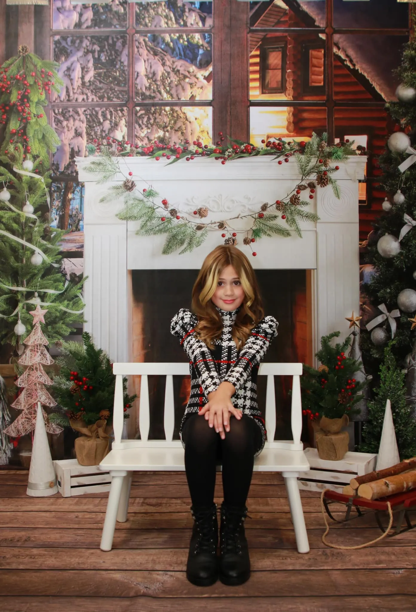 Kate Christmas Fireplace Snow Window Backdrop Designed by Emetselch