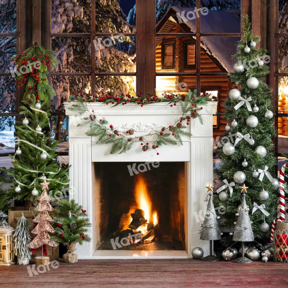 Kate Christmas Fireplace Snow Window Backdrop Designed by Emetselch