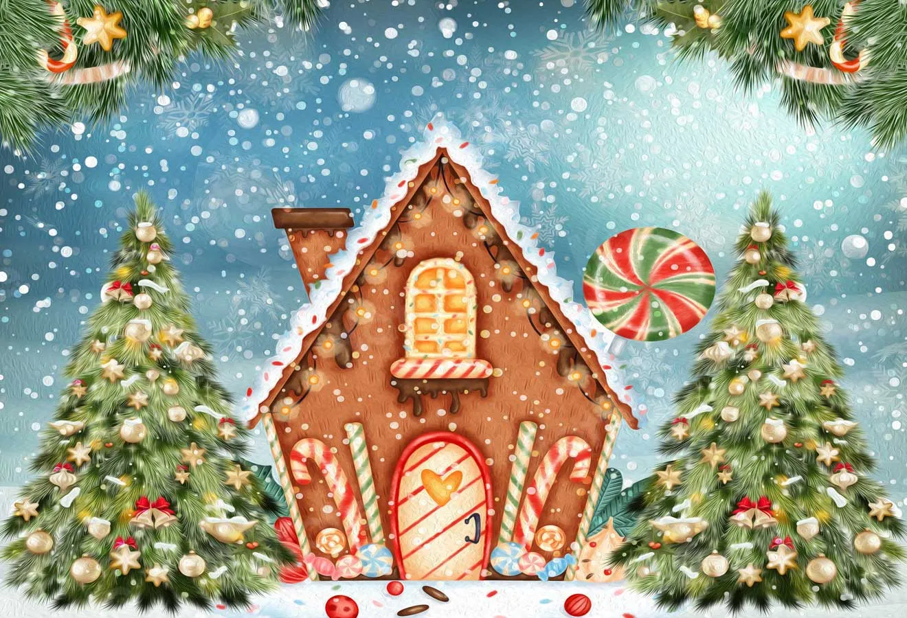 Kate Christmas Oil Painting Candy House Snow Backdrop for Photography