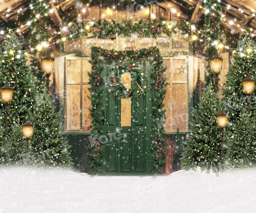 Kate Christmas Snow Green Door Tree Backdrop for Photography