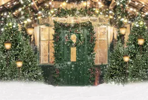 Kate Christmas Snow Green Door Tree Backdrop for Photography