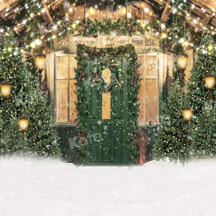 Kate Christmas Snow Green Door Tree Backdrop for Photography