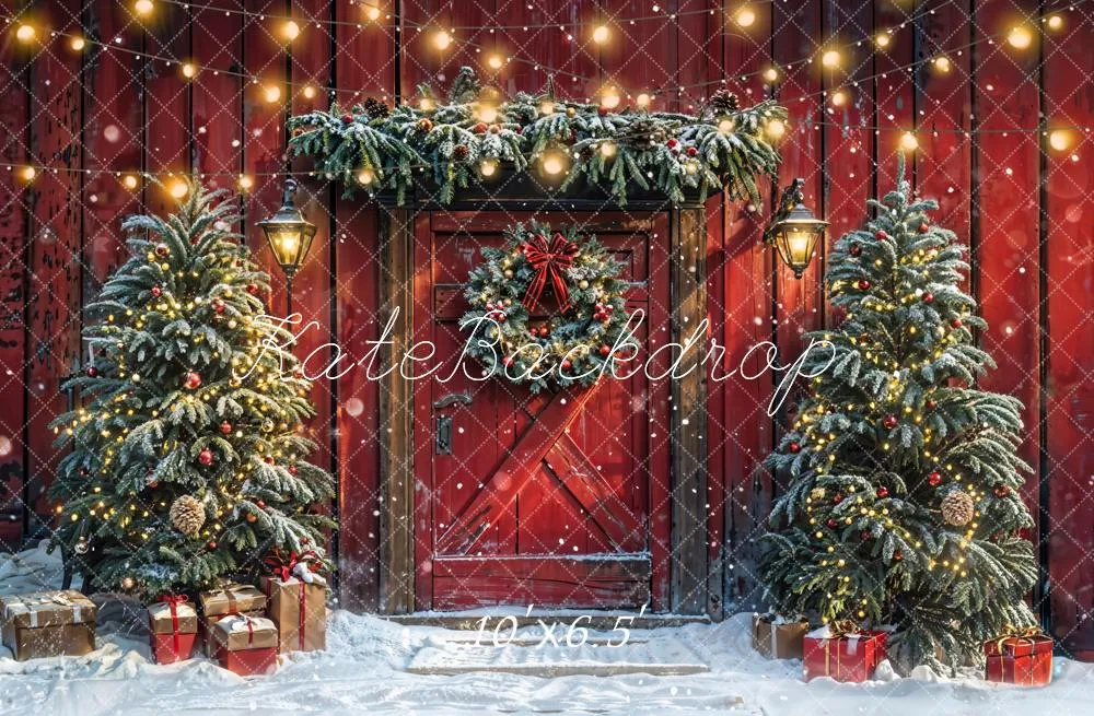 Kate Christmas Tree Red Barn Door Snow Backdrop Designed by Emetselch