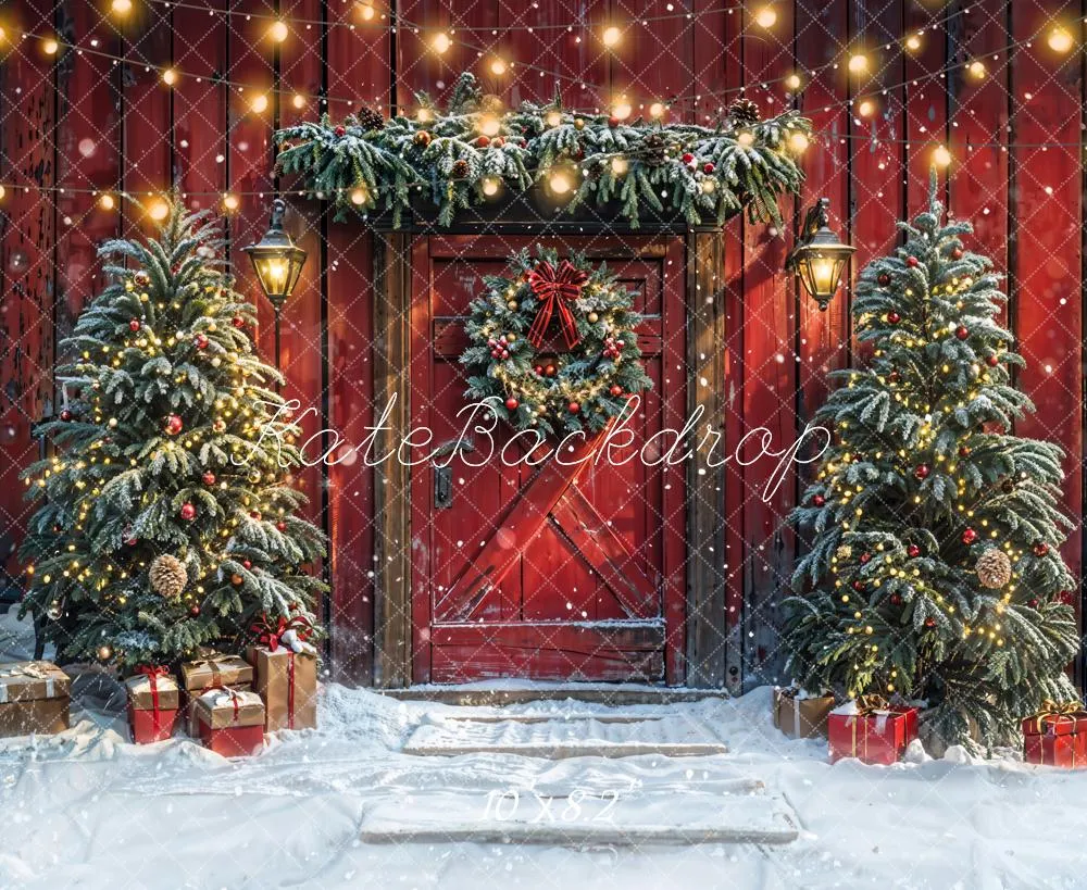 Kate Christmas Tree Red Barn Door Snow Backdrop Designed by Emetselch