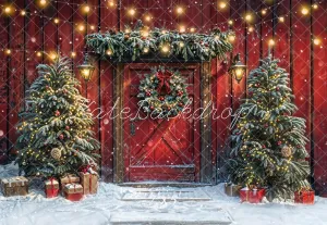Kate Christmas Tree Red Barn Door Snow Backdrop Designed by Emetselch