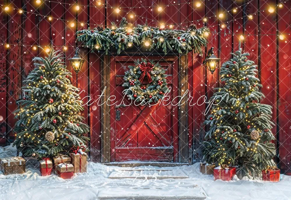 Kate Christmas Tree Red Barn Door Snow Backdrop Designed by Emetselch