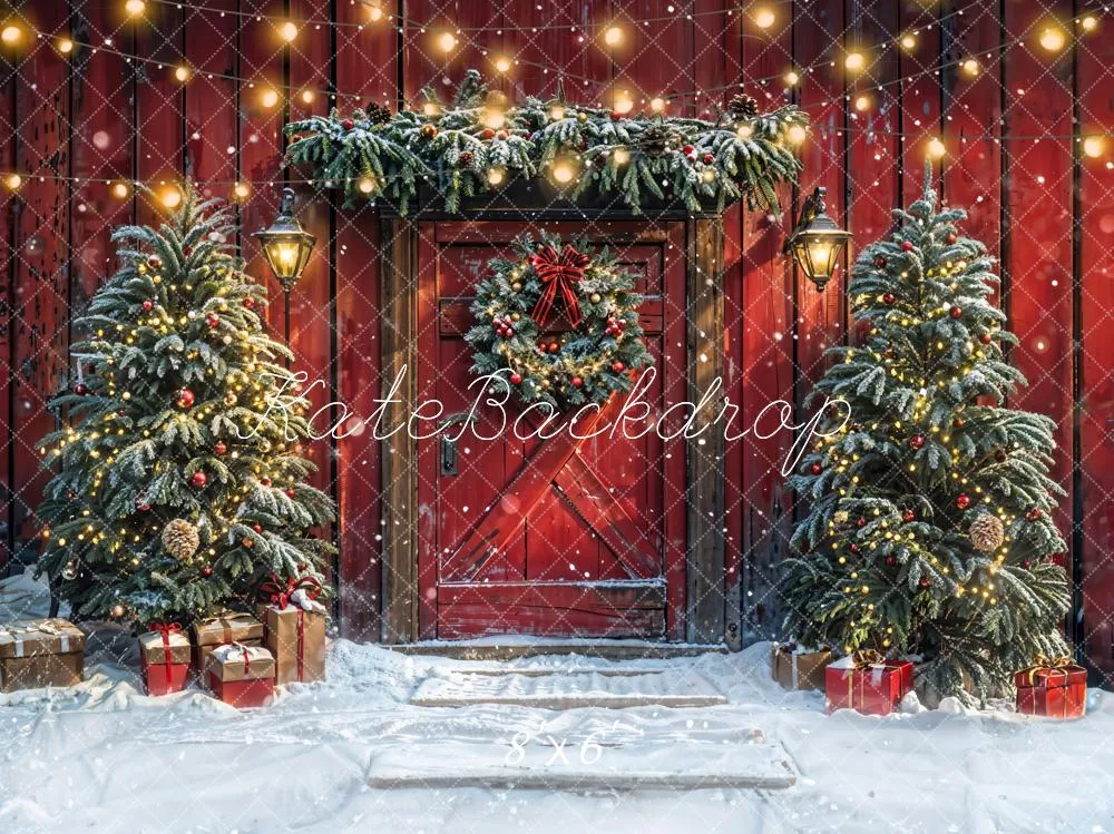 Kate Christmas Tree Red Barn Door Snow Backdrop Designed by Emetselch