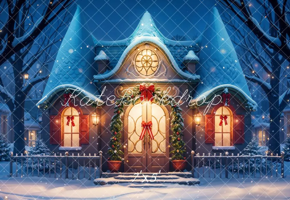 Kate Fantasy Cartoon Winter Snow Blue House Backdrop Designed by GQ