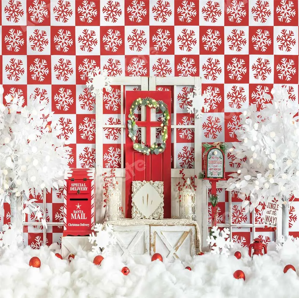 Kate Red Christmas Snow Winter Checkered Backdrop  Designed by Emetselch