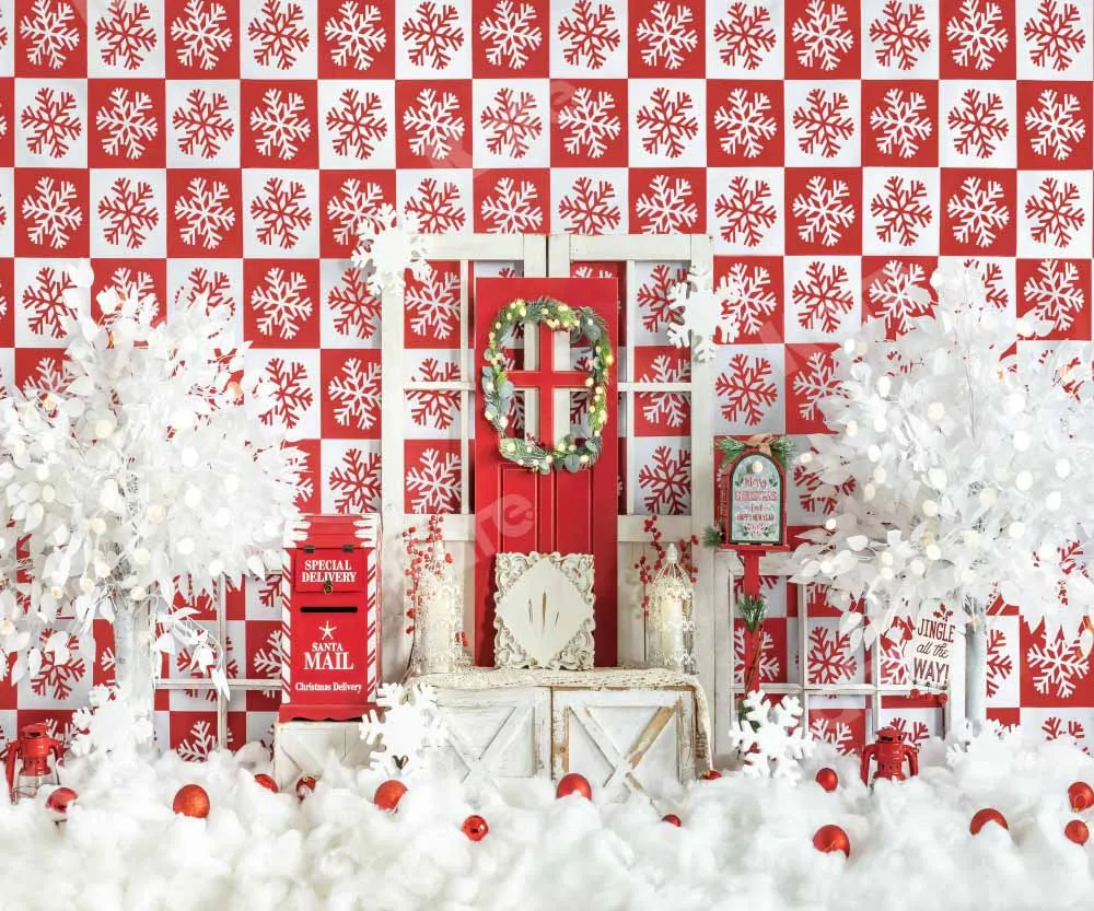 Kate Red Christmas Snow Winter Checkered Backdrop  Designed by Emetselch