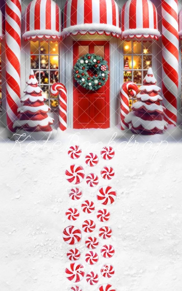 Kate Sweep Christmas Candy Cane Shop Snow Backdrop Designed by Mini MakeBelieve