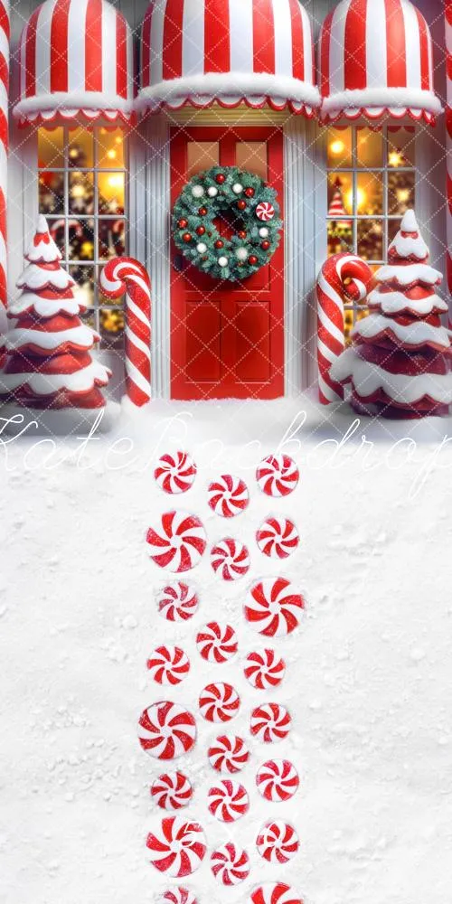Kate Sweep Christmas Candy Cane Shop Snow Backdrop Designed by Mini MakeBelieve