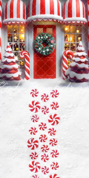 Kate Sweep Christmas Candy Cane Shop Snow Backdrop Designed by Mini MakeBelieve