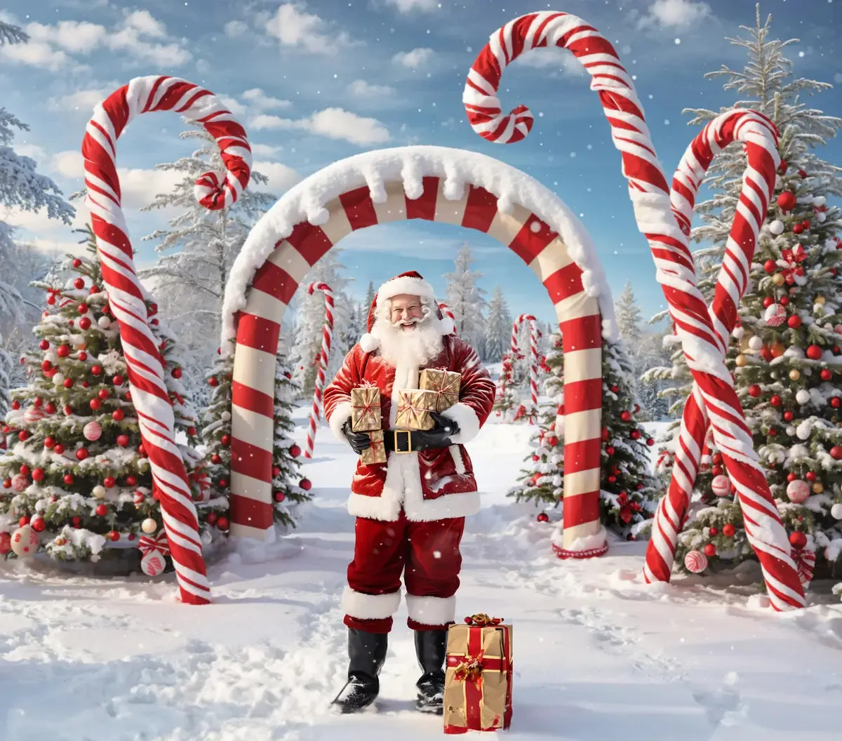 Kate Winter Christmas Forest Snow Candy Arch Backdrop Designed by Chain Photography