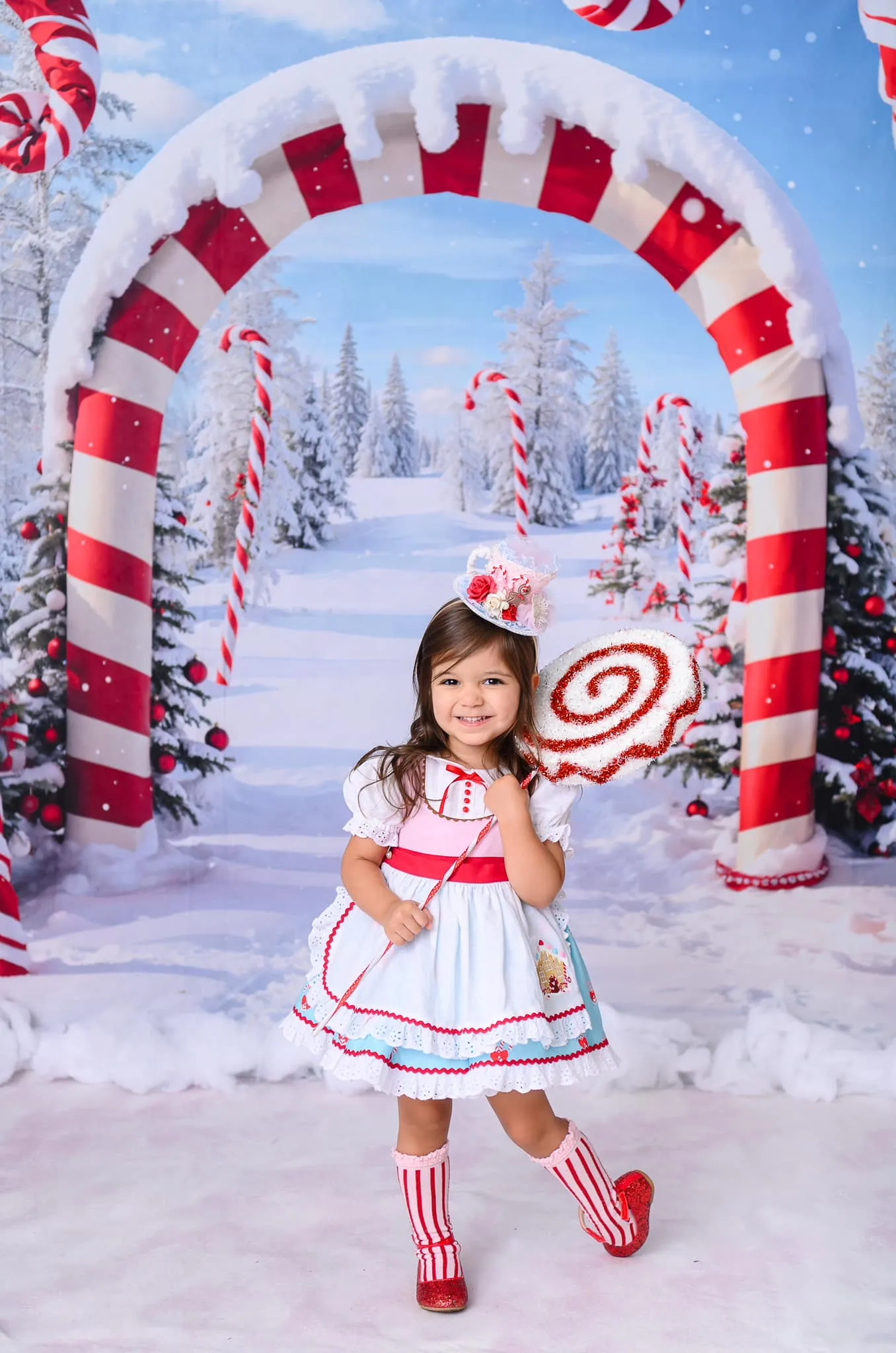 Kate Winter Christmas Forest Snow Candy Arch Backdrop Designed by Chain Photography