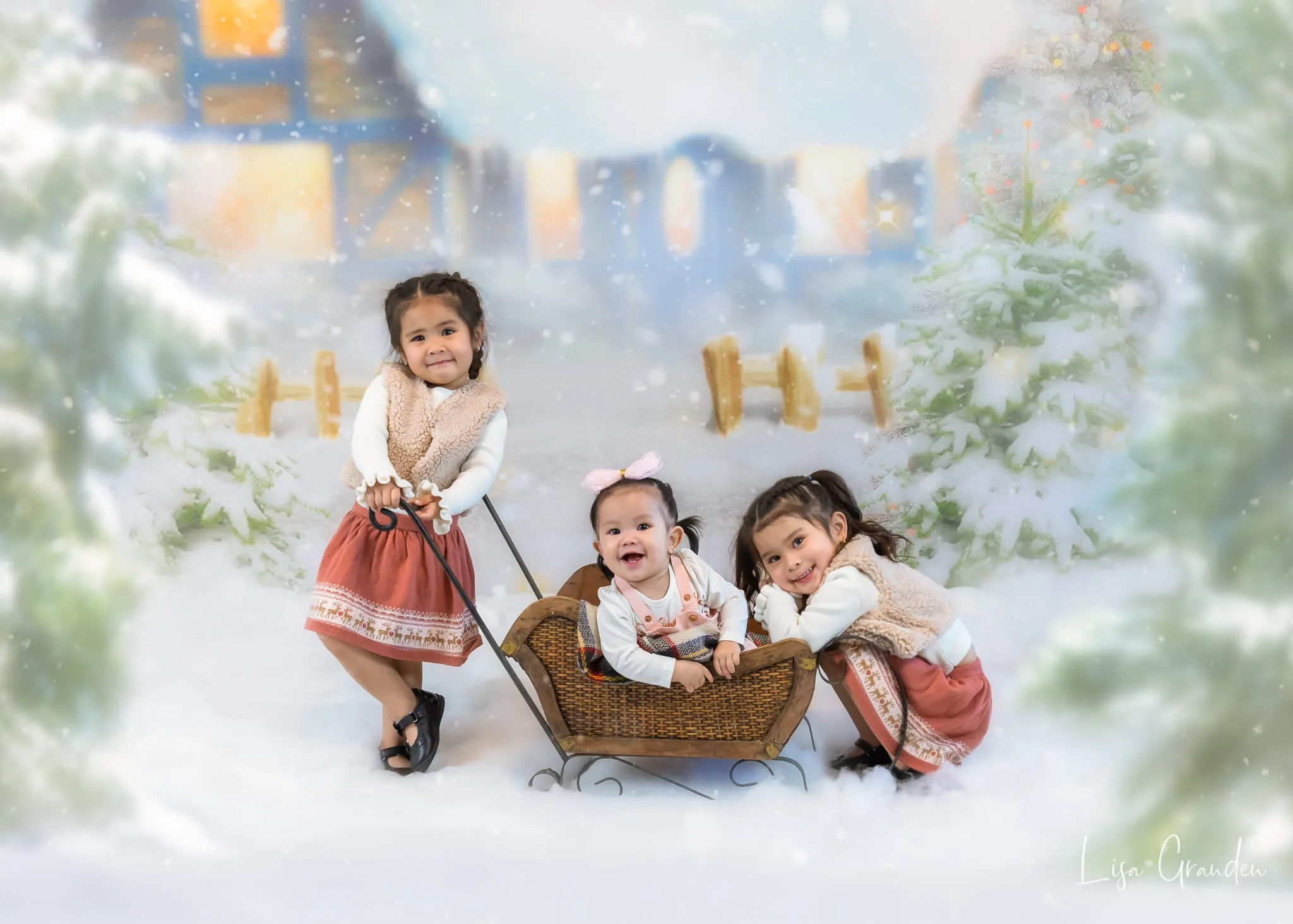 Kate Winter Christmas Snow House Tree Backdrop for Photography