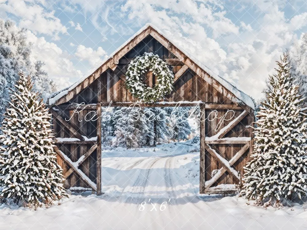 Kate Winter Snow Forest Wooden Cabin Door Backdrop Designed by Emetselch
