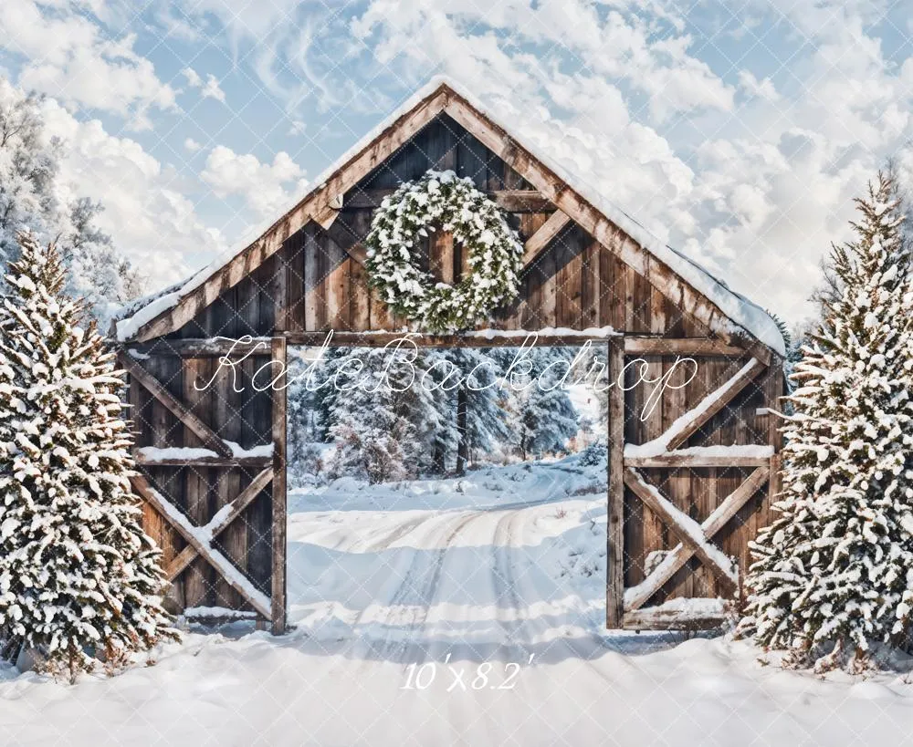 Kate Winter Snow Forest Wooden Cabin Door Backdrop Designed by Emetselch