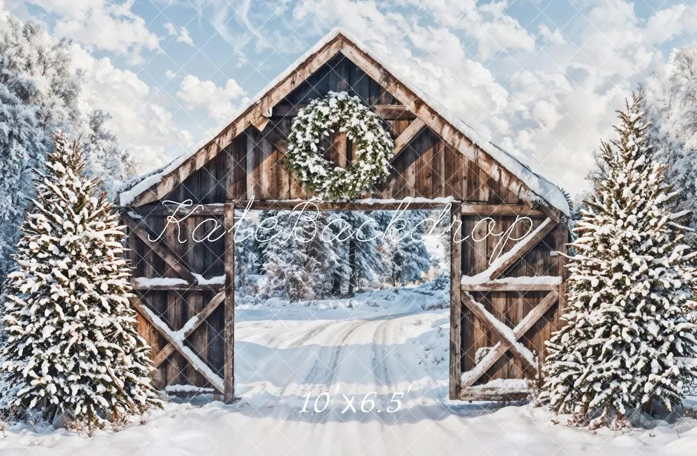 Kate Winter Snow Forest Wooden Cabin Door Backdrop Designed by Emetselch