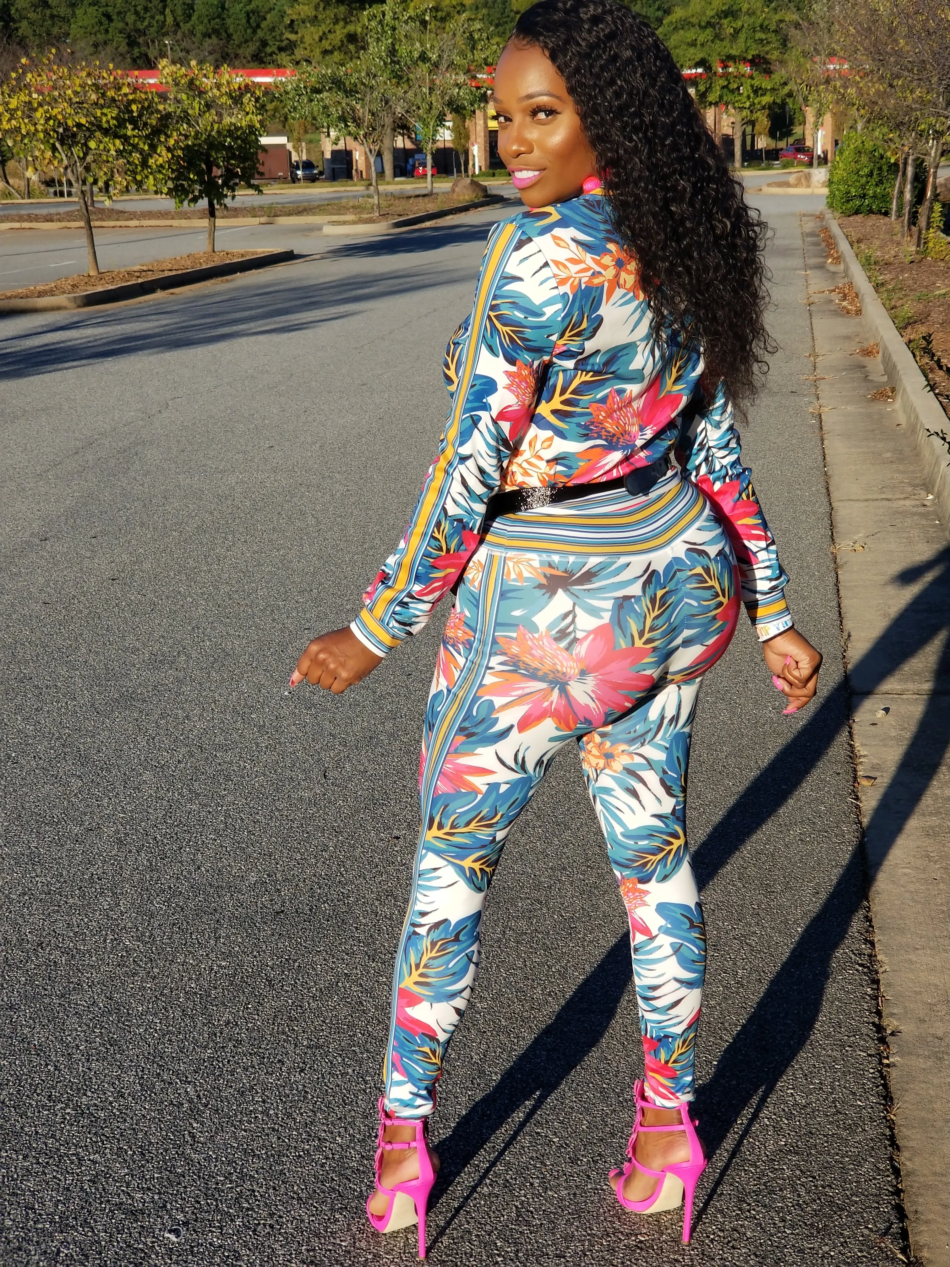 Kylie White Multi Color Floral Print Stretch Fit Tracksuit