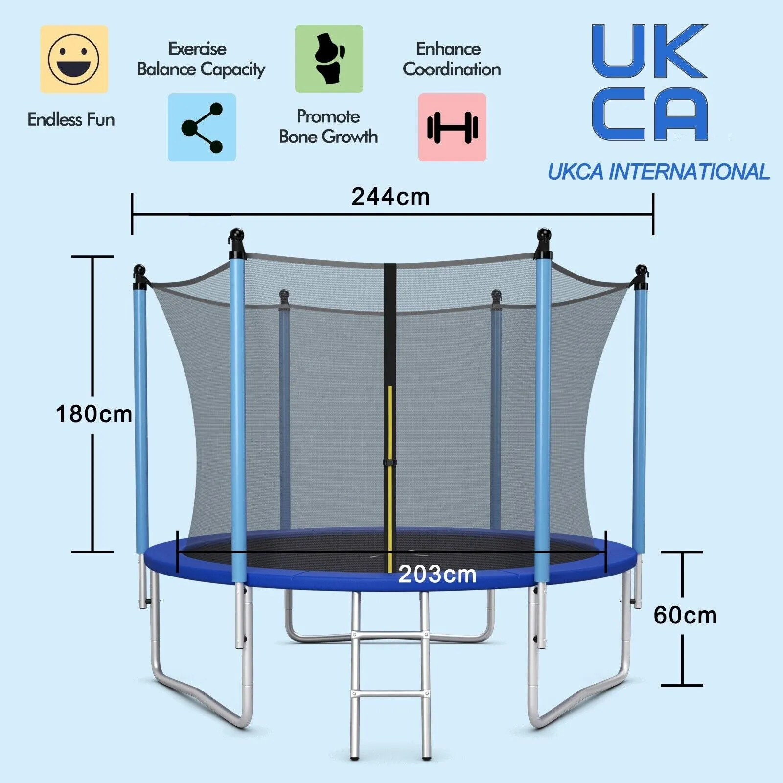 Large 8FT Children Trampolines Outdoor Garden Trampoline with Safety Enclosure Net