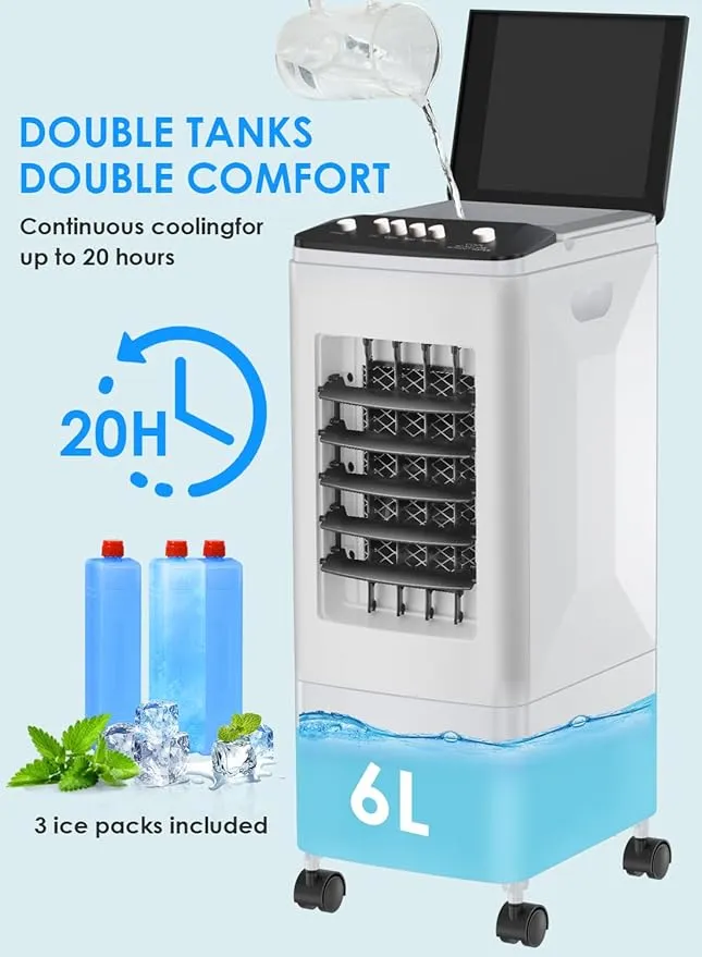 Light Use Retails $140 IKBAOME Portable Air Conditioner, 3-IN-1 Air Cooler Evaporative，[6L Water Tank] & 3 Wind Speeds, 60° Oscillation & Universal Casters & 3 Ice Boxes, Air Conditioner/Cooling Fan for Room Office Home.