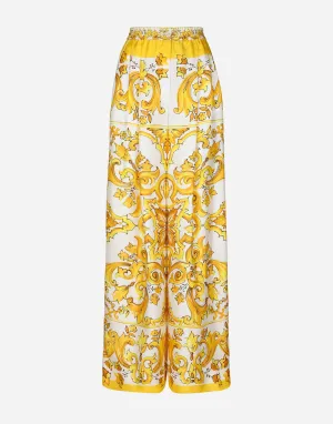 Majolica-Print Silk Twill Pants With Elasticated Waistband