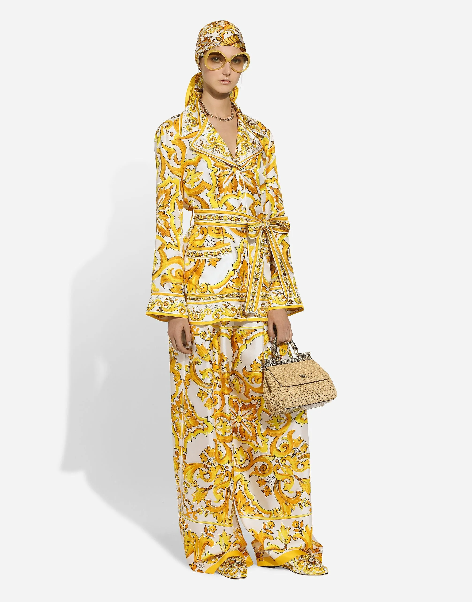 Majolica-Print Silk Twill Pants With Elasticated Waistband