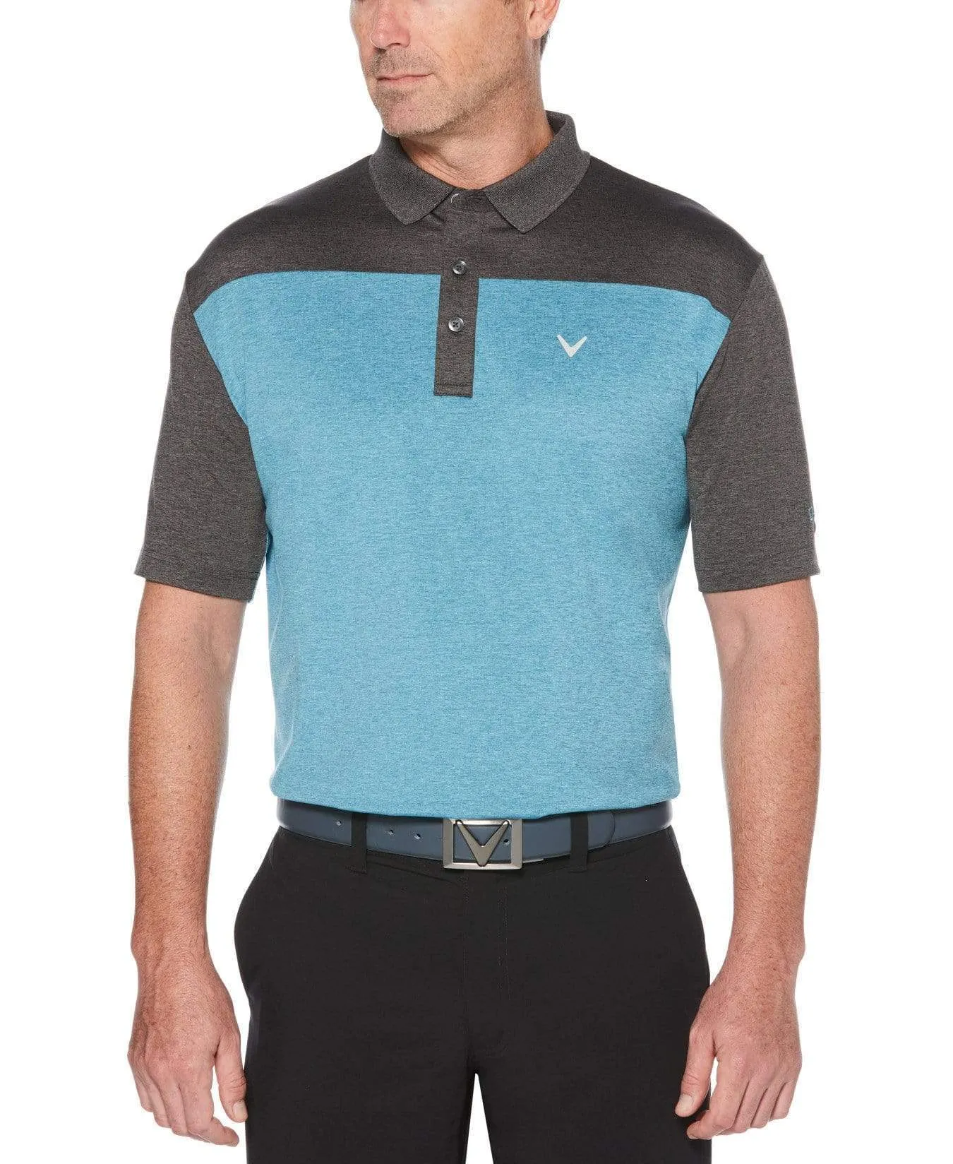 Mens Ventilated Heathered Color Block Polo with Chevron