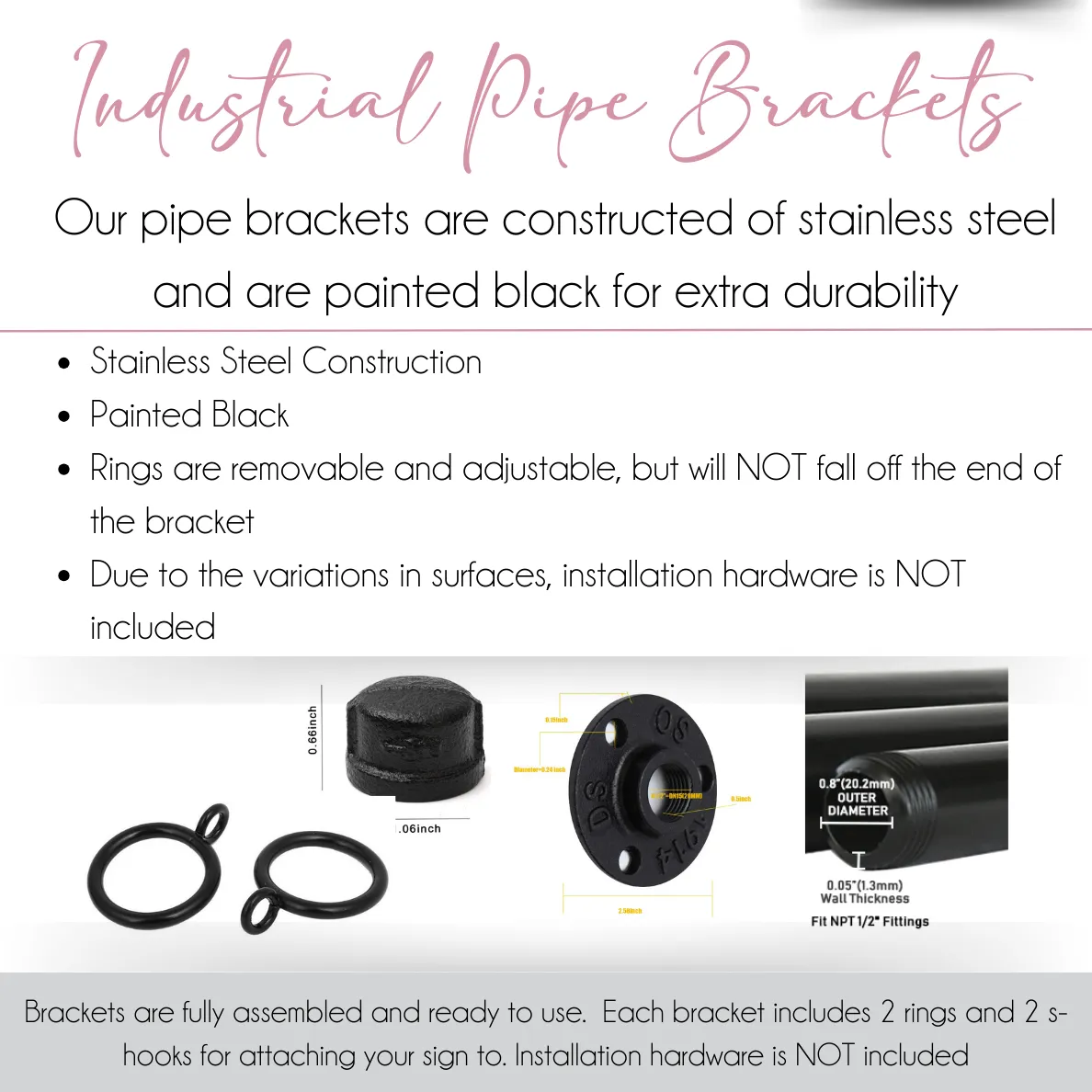 Metal Sign w/Square Corners and w/12" Black Pipe Bracket for Hanging Custom 2-Sided 6"x12" Black Indoor/Outdoor