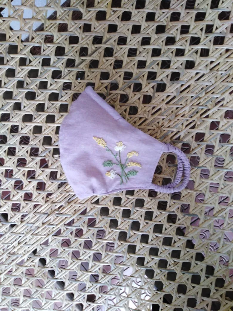 "Be Safe. Be Kind" Hand Embroidered Heirloom Mask - Fall Goldenrod, Mauve Organic