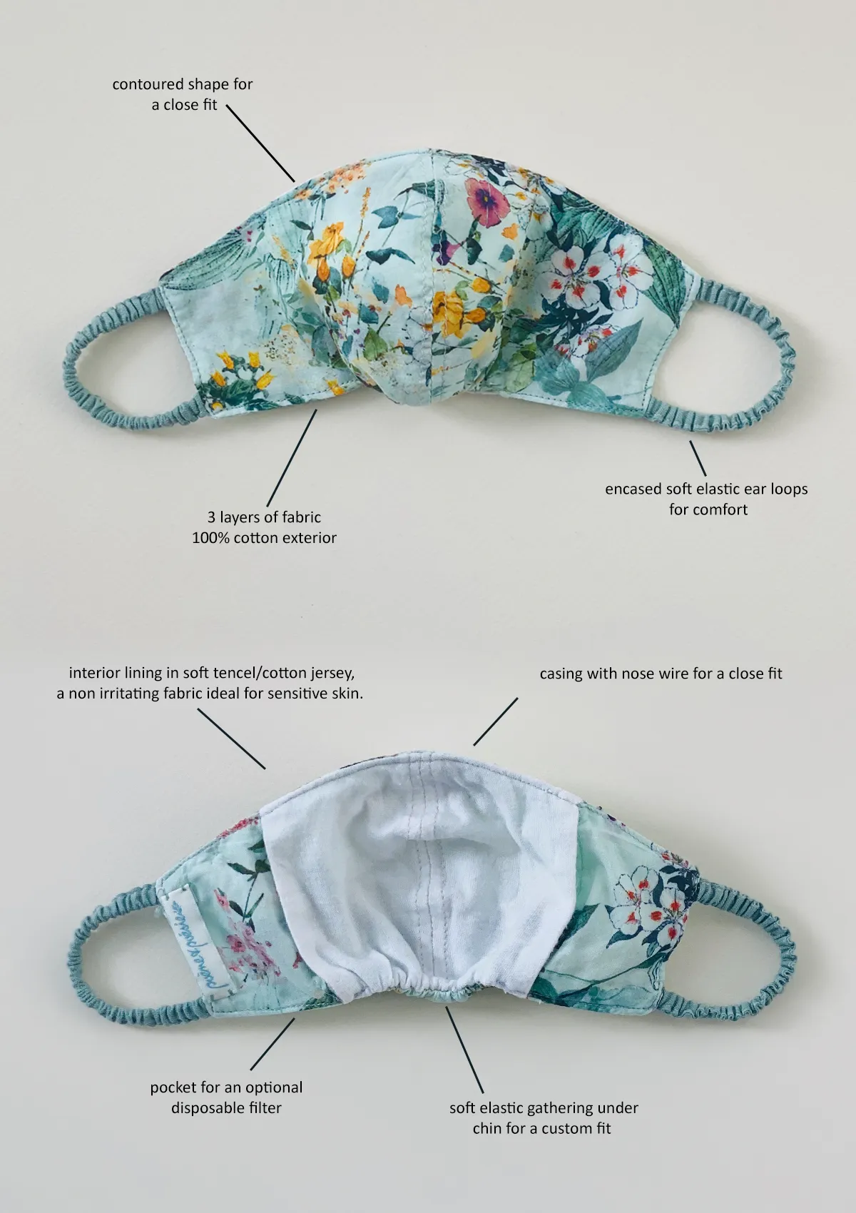 "Be Safe. Be Kind" Printed Heirloom Mask - Botanical Garden, Ivory