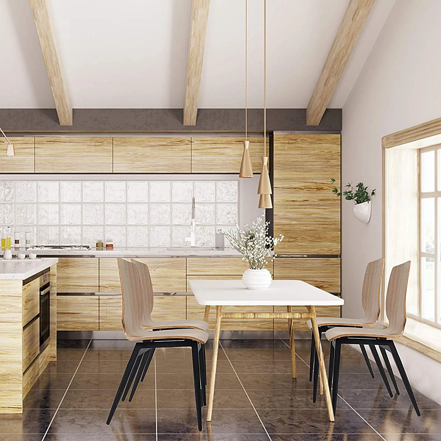 Set of 4 Kitchen Dining Chairs with Bentwood Seat and Metal Legs, Ergonomic Design, Natural