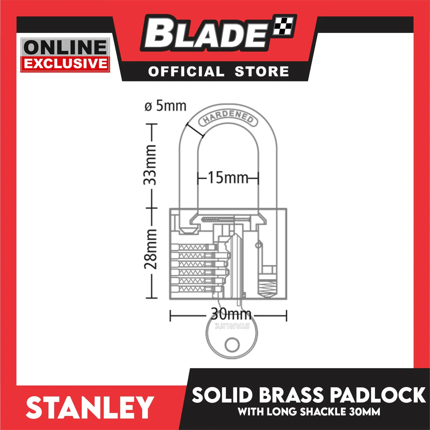 Stanley Solid Brass Long Padlock with Long Shackle 30mm Heavy Duty Security Padlock Long