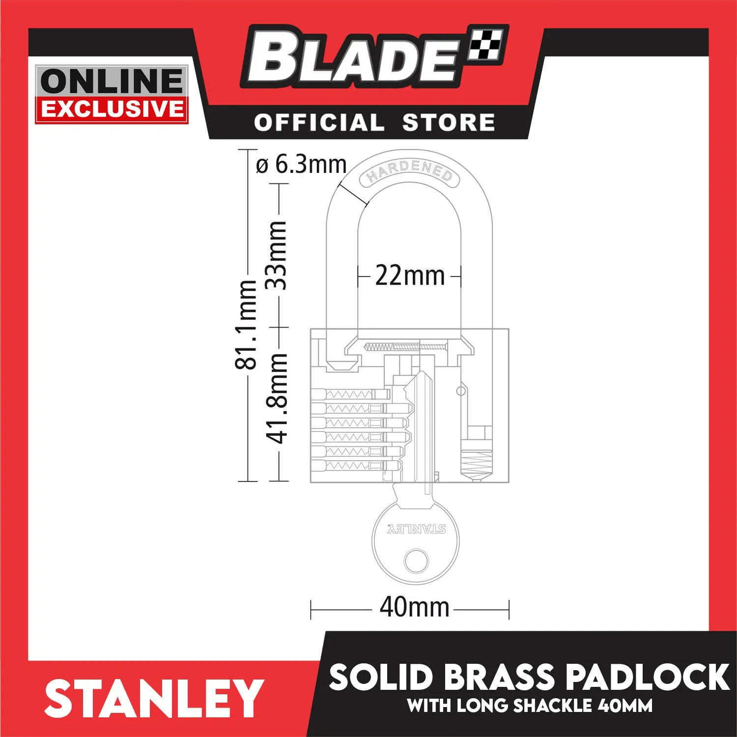 Stanley Solid Brass Long Padlock with Long Shackle 40mm Heavy Duty Security Padlock Long