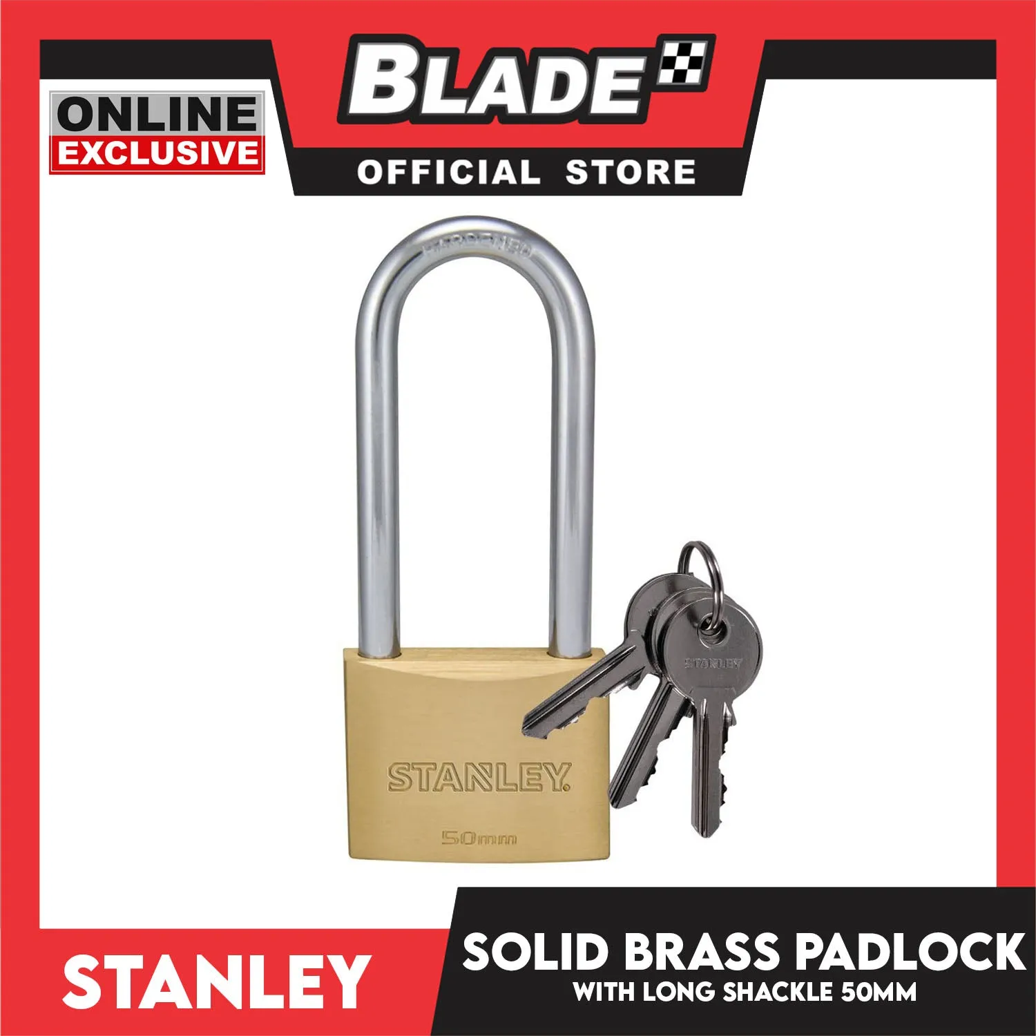 Stanley Solid Brass Long Padlock with Long Shackle 50mm Heavy Duty Security Padlock