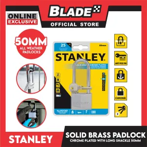 Stanley Solid Brass Padlock Chrome Plated with Long Shackle 50mm Heavy Duty Security Chrome Padlock