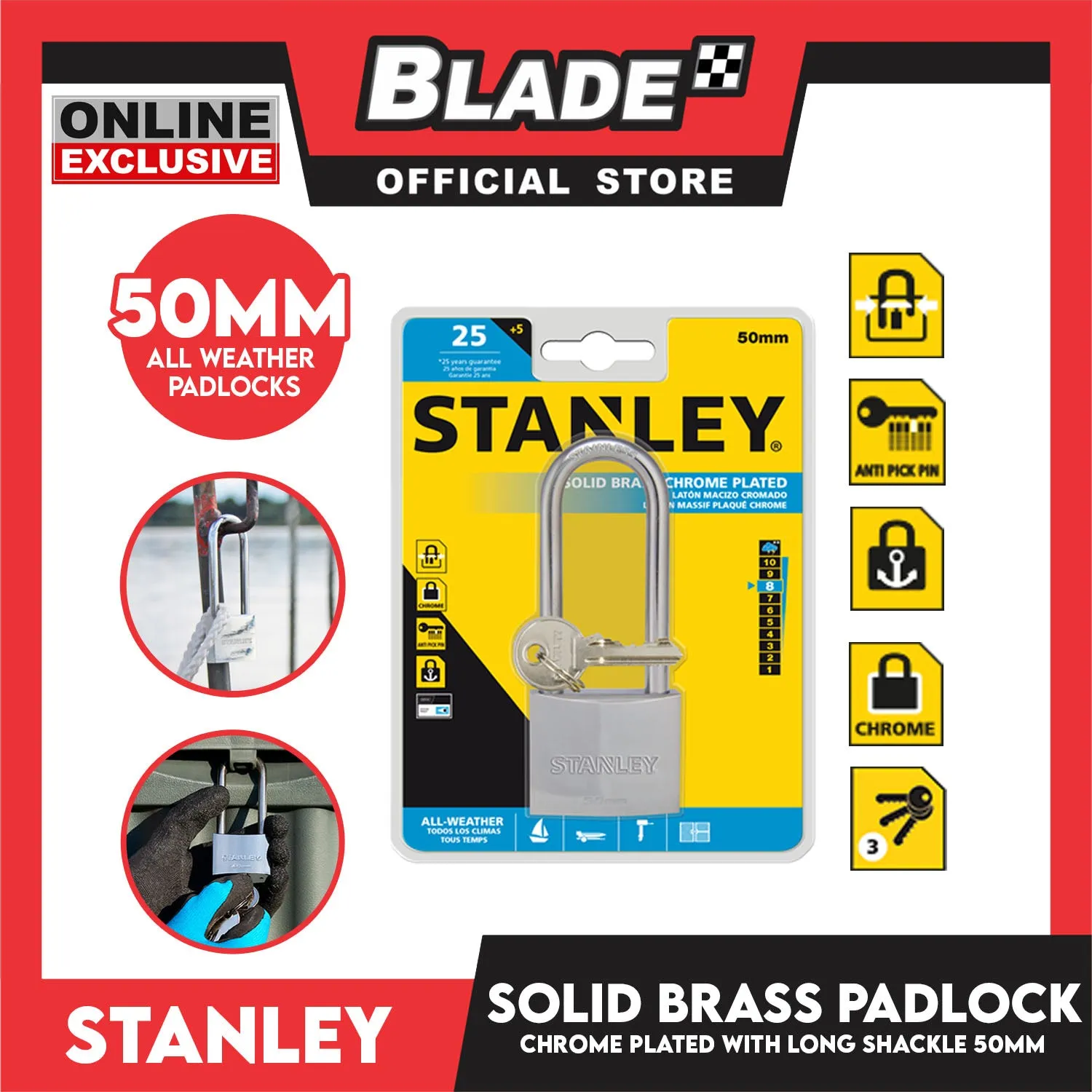 Stanley Solid Brass Padlock Chrome Plated with Long Shackle 50mm Heavy Duty Security Chrome Padlock