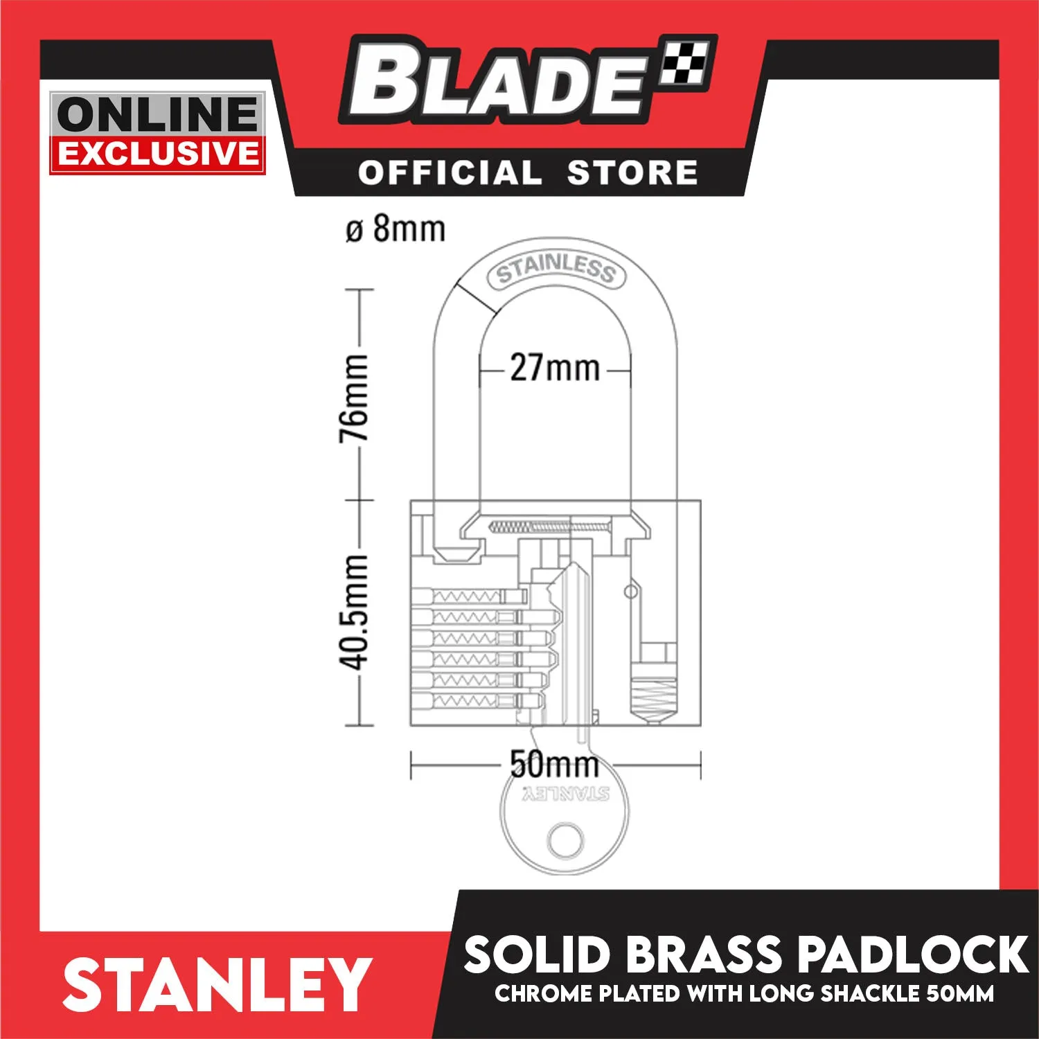 Stanley Solid Brass Padlock Chrome Plated with Long Shackle 50mm Heavy Duty Security Chrome Padlock