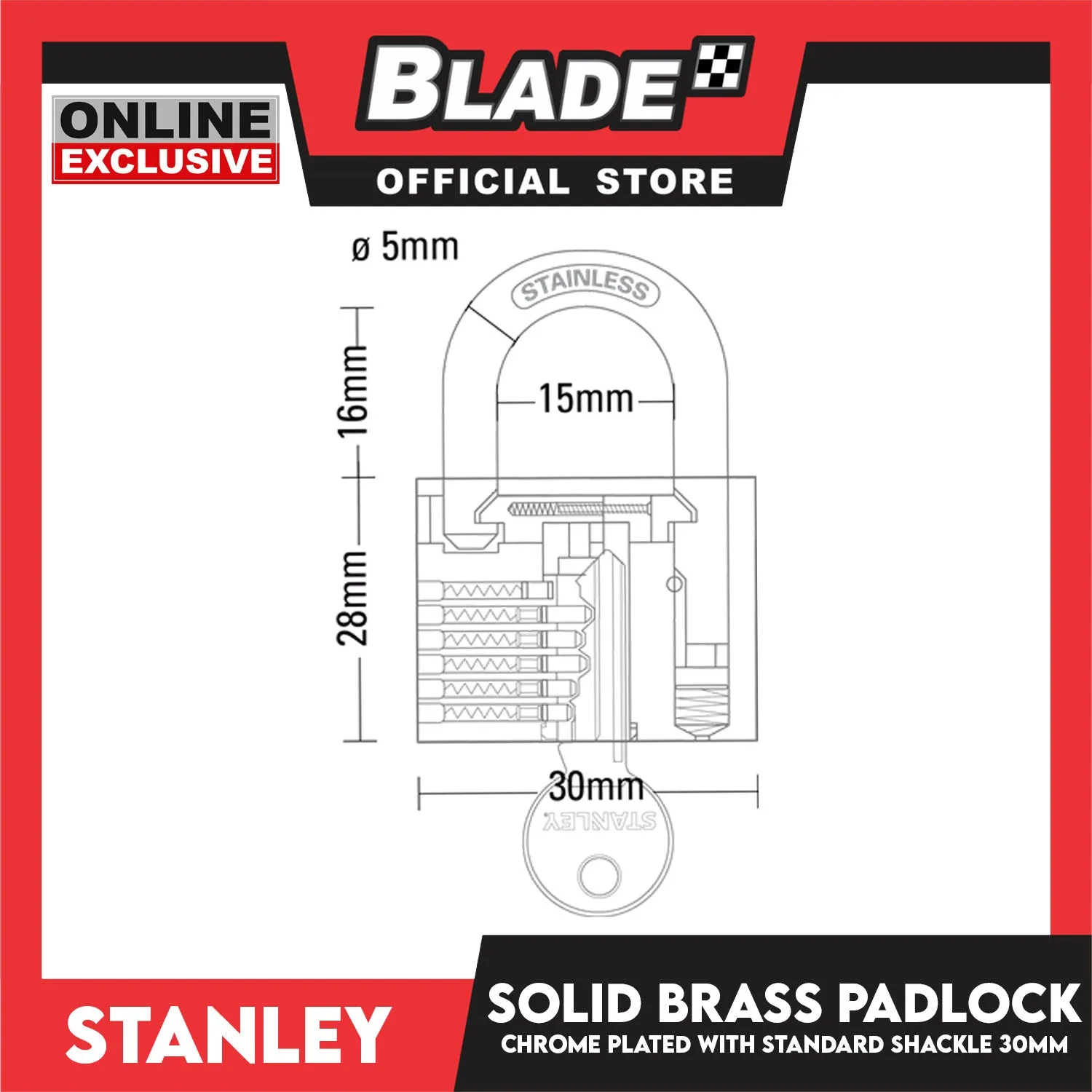Stanley Solid Brass Padlock Chrome Plated with Standard Shakle 30mm Heavy Duty Security Padlock
