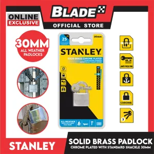 Stanley Solid Brass Padlock Chrome Plated with Standard Shakle 30mm Heavy Duty Security Padlock