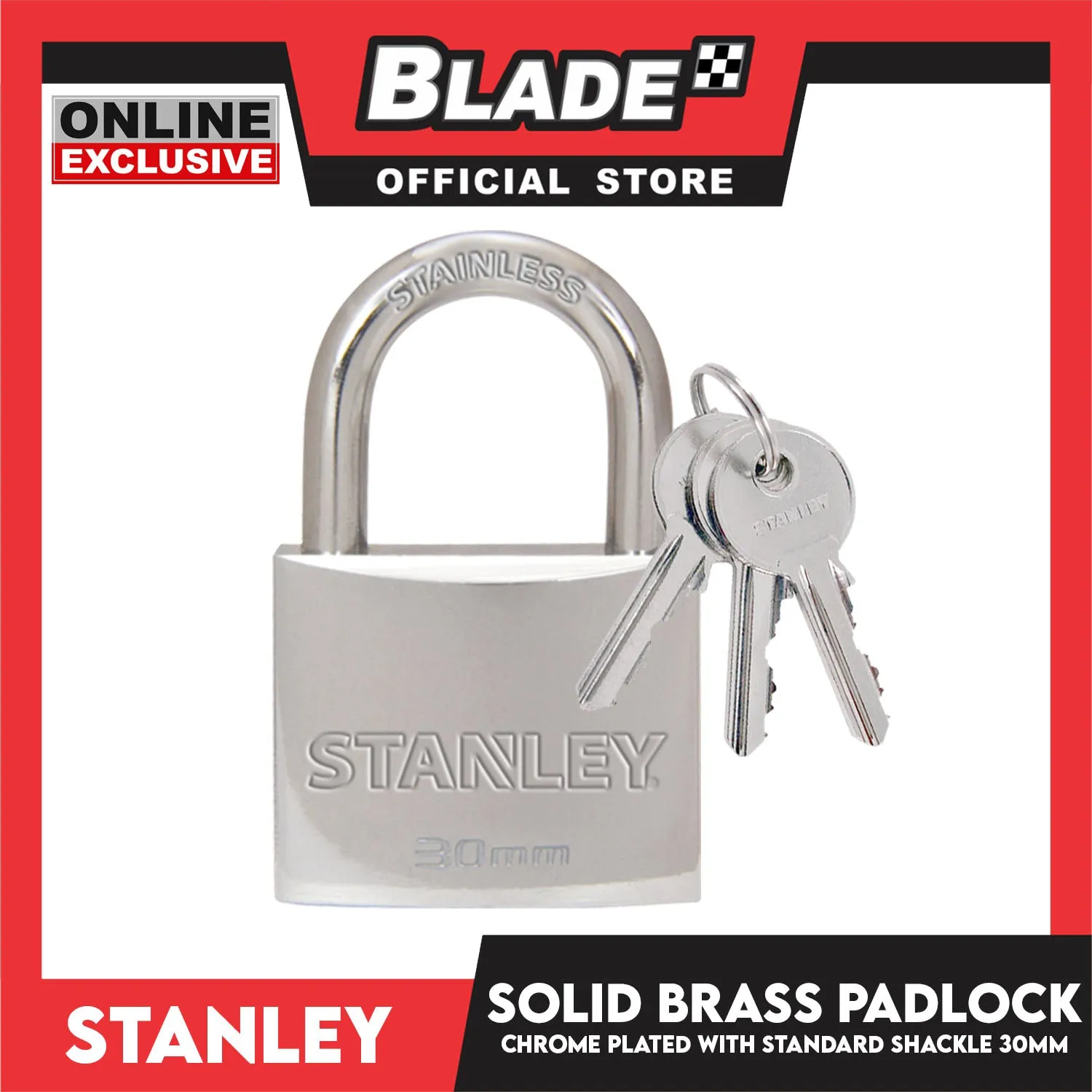 Stanley Solid Brass Padlock Chrome Plated with Standard Shakle 30mm Heavy Duty Security Padlock