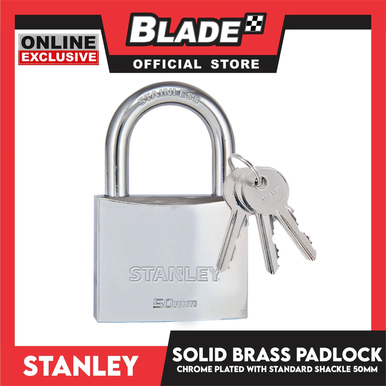 Stanley Solid Brass Padlock Chrome Plated with Standard Shakle 50mm Heavy Duty Security Padlock