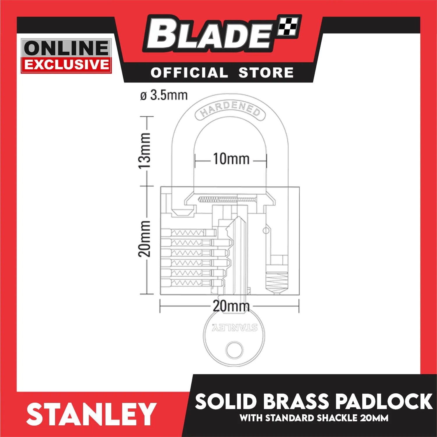Stanley Solid Brass Padlock with Standard Shakle 20mm Heavy Duty Security Padlock