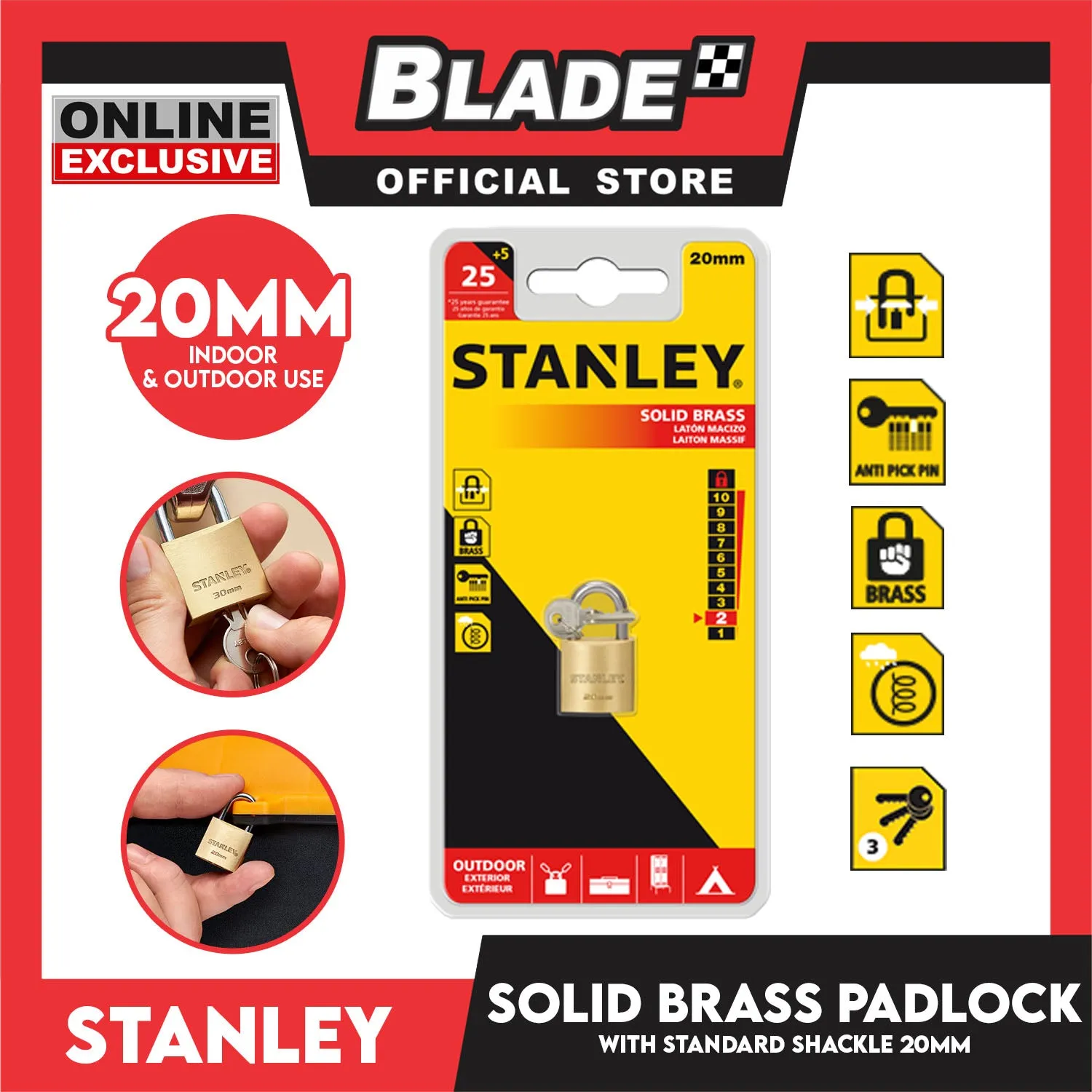 Stanley Solid Brass Padlock with Standard Shakle 20mm Heavy Duty Security Padlock