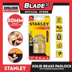 Stanley Solid Brass Padlock with Standard Shakle 50mm Heavy Duty Security Padlock
